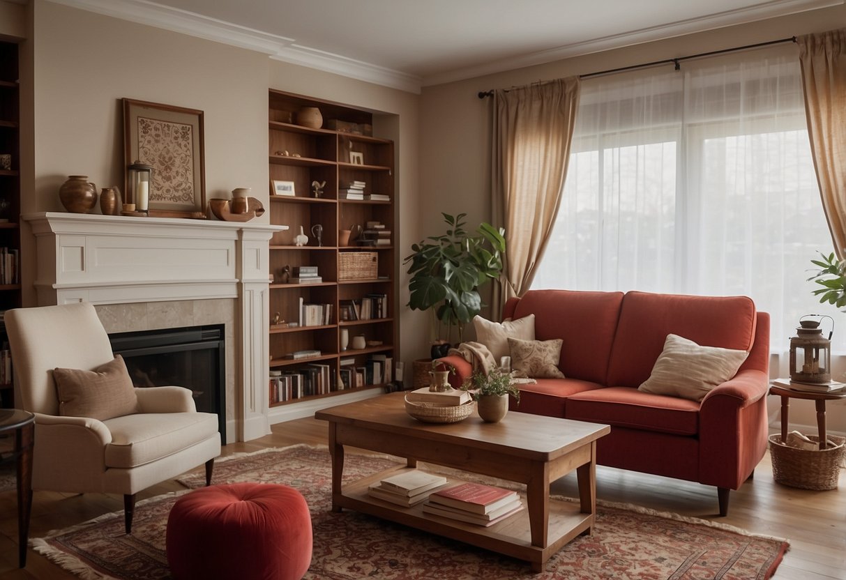 A cozy living room with red furniture, surrounded by neutral-colored decor like beige rugs and cream curtains. A bookshelf filled with various items complements the warm and inviting space