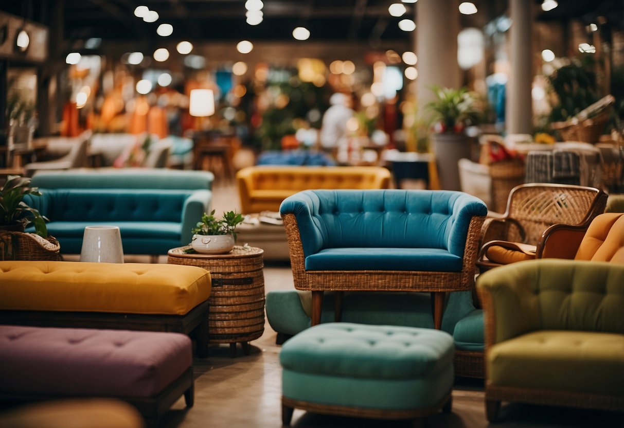 A bustling world market filled with colorful furniture, unique designs, and diverse cultural influences