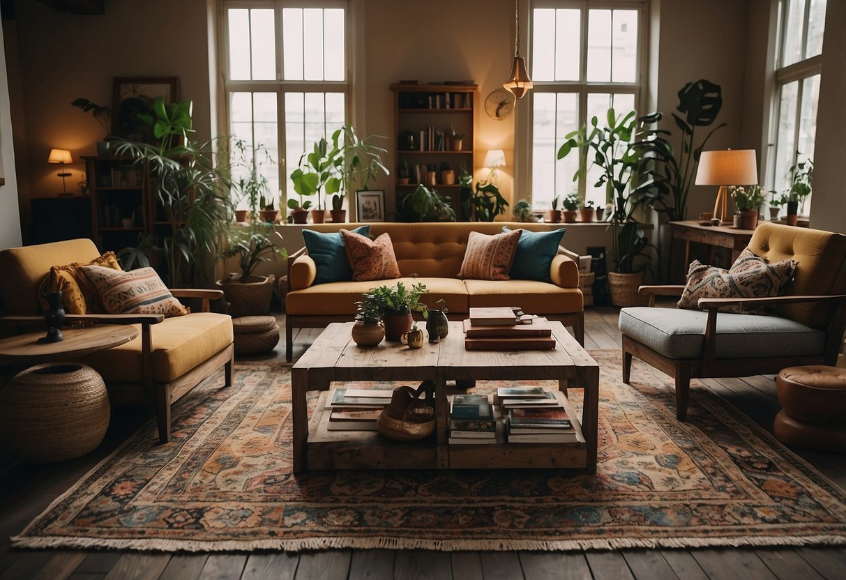 A room with various furniture styles: modern sofas, vintage armchairs, rustic wooden tables, and colorful bohemian rugs
