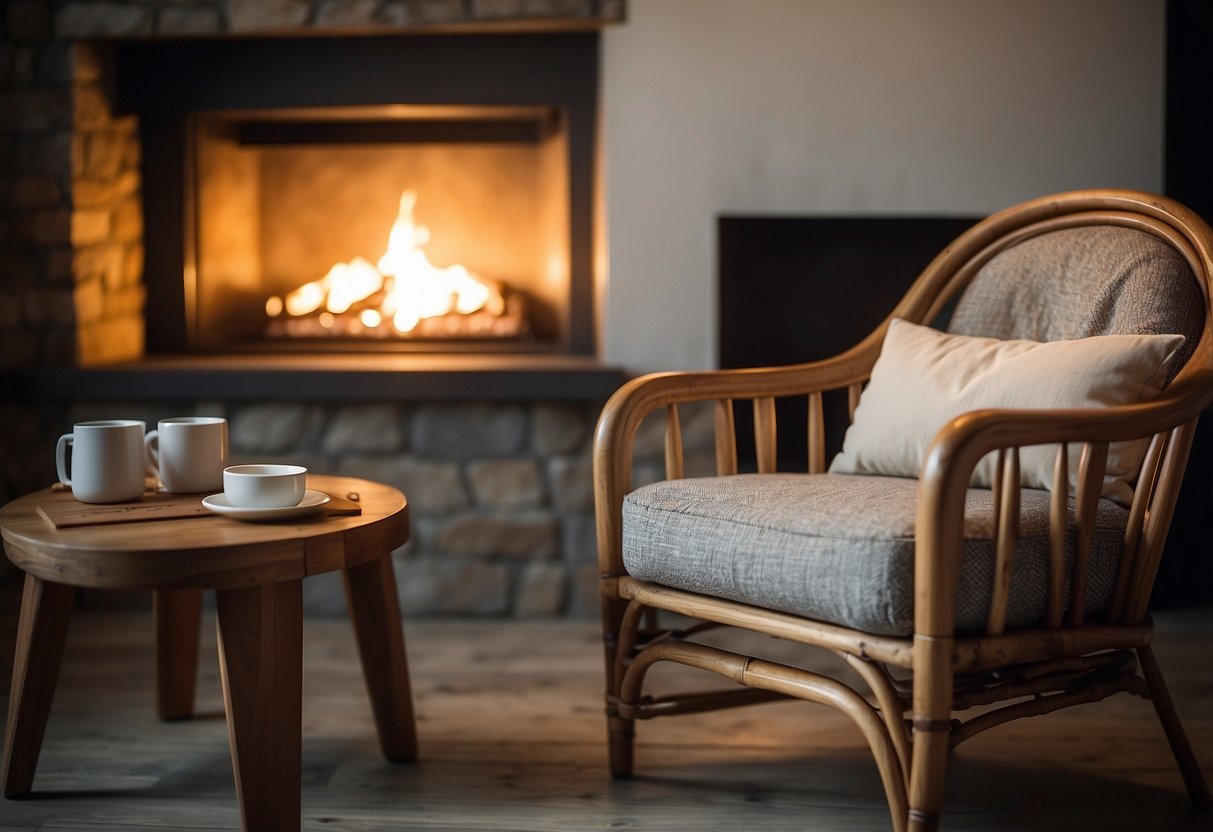 A wooden chair and table set against a backdrop of a cozy living room with a warm fireplace and soft lighting
