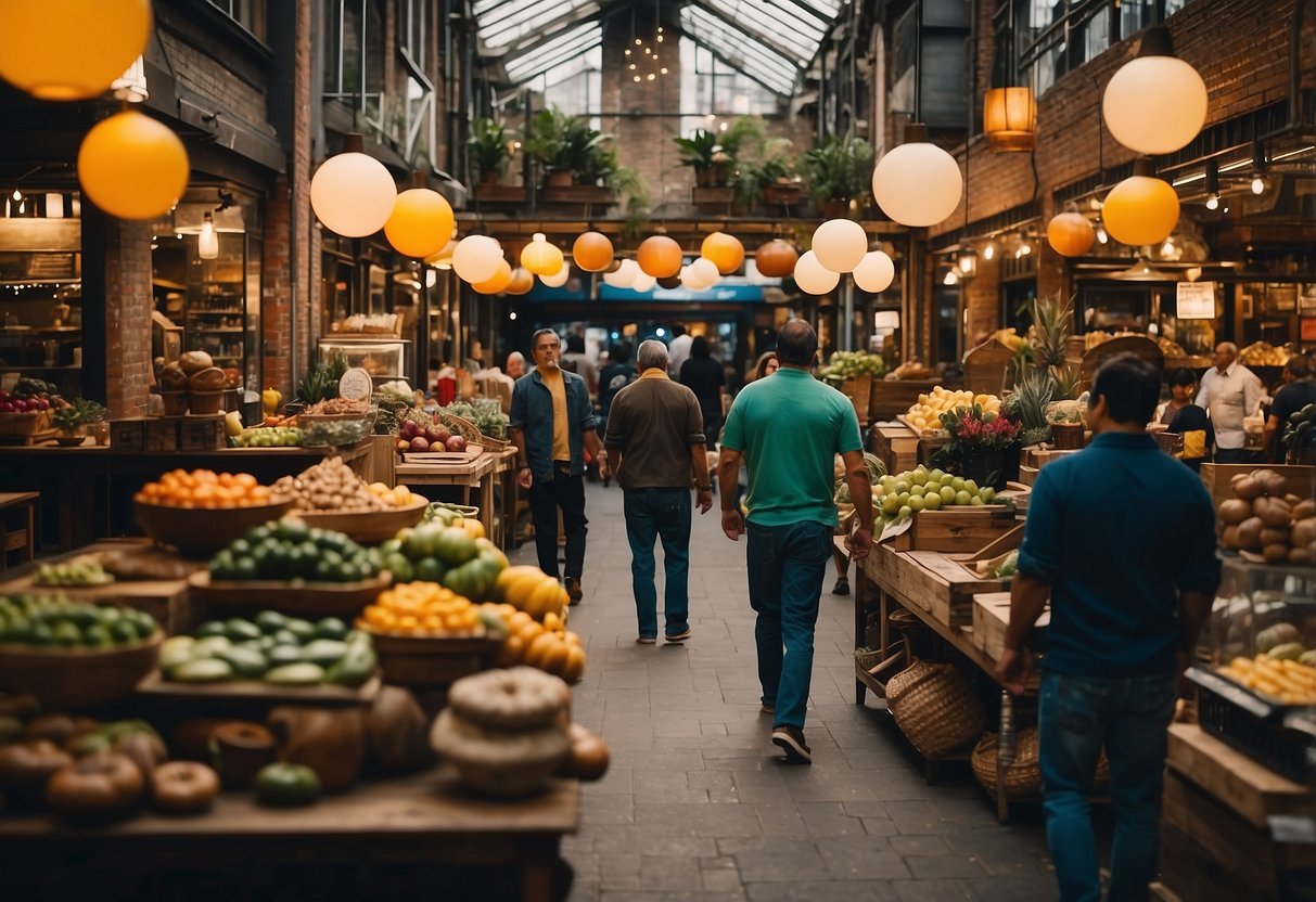 A bustling market with diverse furniture displays, customers browsing and staff assisting. Bold signage and colorful decor create a lively atmosphere