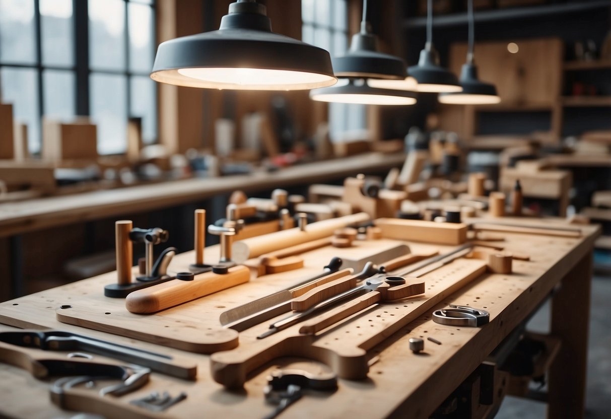 A spacious, well-lit workshop with various woodworking tools and materials scattered around. A detailed blueprint of a sleek, modern wood furniture design sits on a workbench