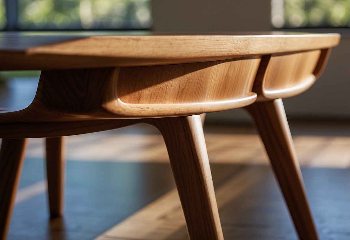 A modern, minimalist wood furniture design with clean lines and smooth surfaces. Light plays off the natural grain, showcasing the craftsmanship