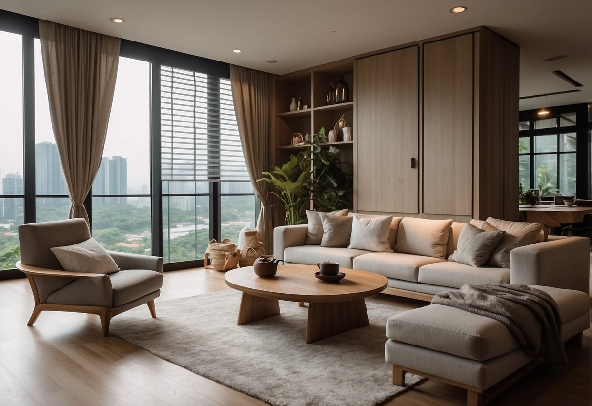 A cozy living room with modern Whitewoods furniture in Singapore. Clean lines, natural materials, and soft lighting create a warm and inviting atmosphere