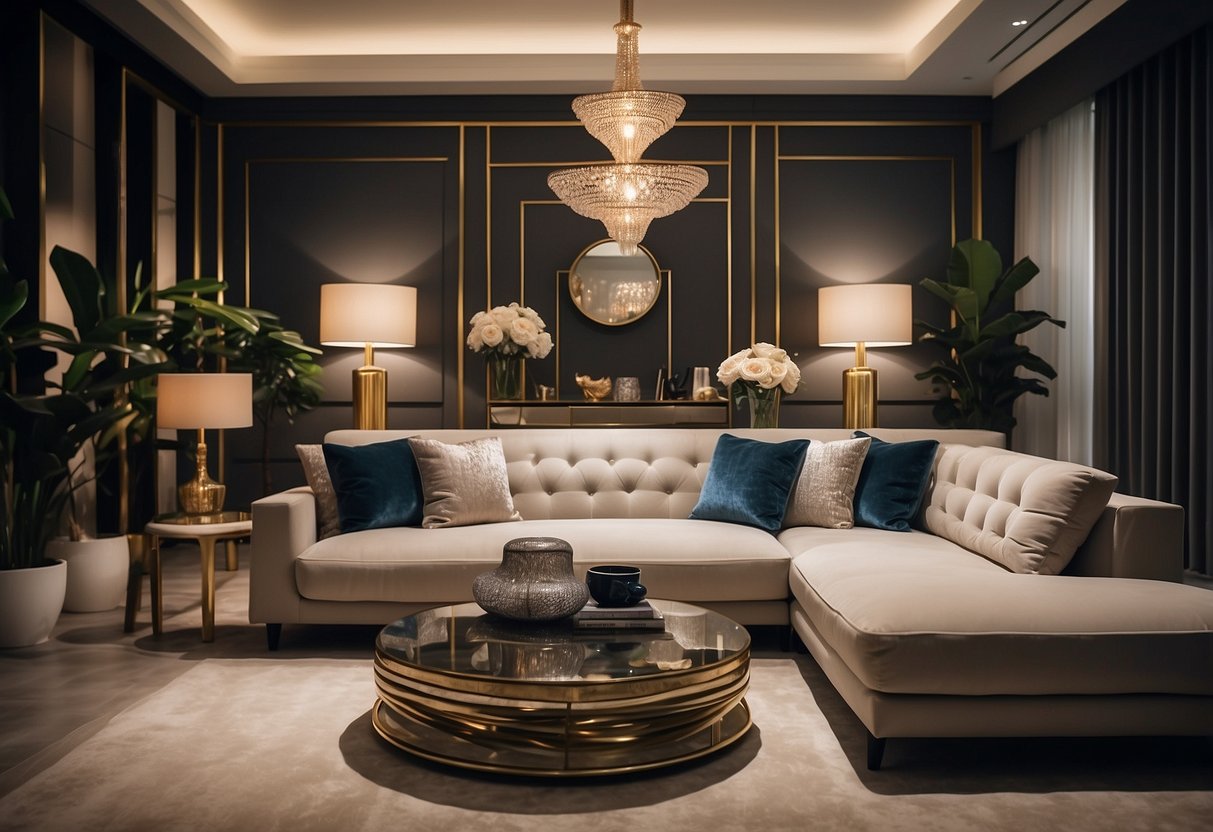 A showroom filled with modern and elegant furniture pieces, arranged in stylish room settings with soft lighting and clean lines