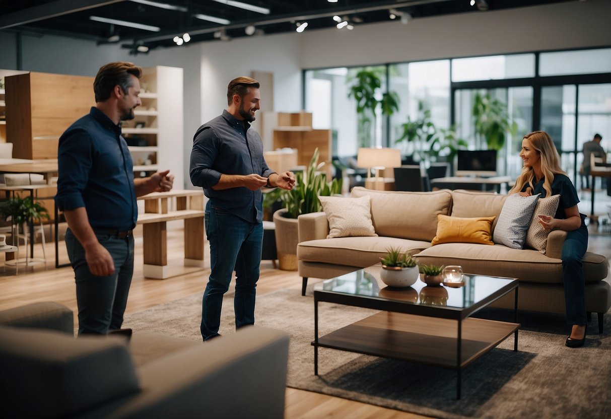 Customers browsing modern furniture in a spacious showroom. Friendly staff assist with inquiries. Post-purchase, delivery team carefully unloads and assembles items in customers' homes