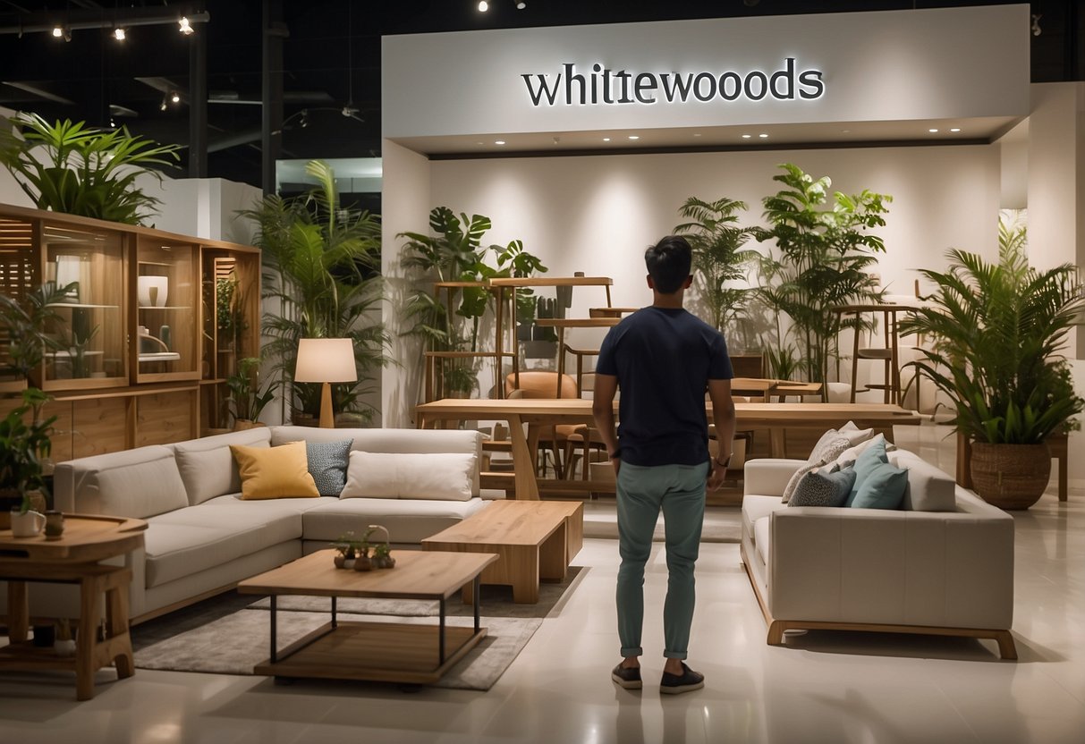 A customer browsing through a display of Whitewoods furniture in a modern Singapore showroom