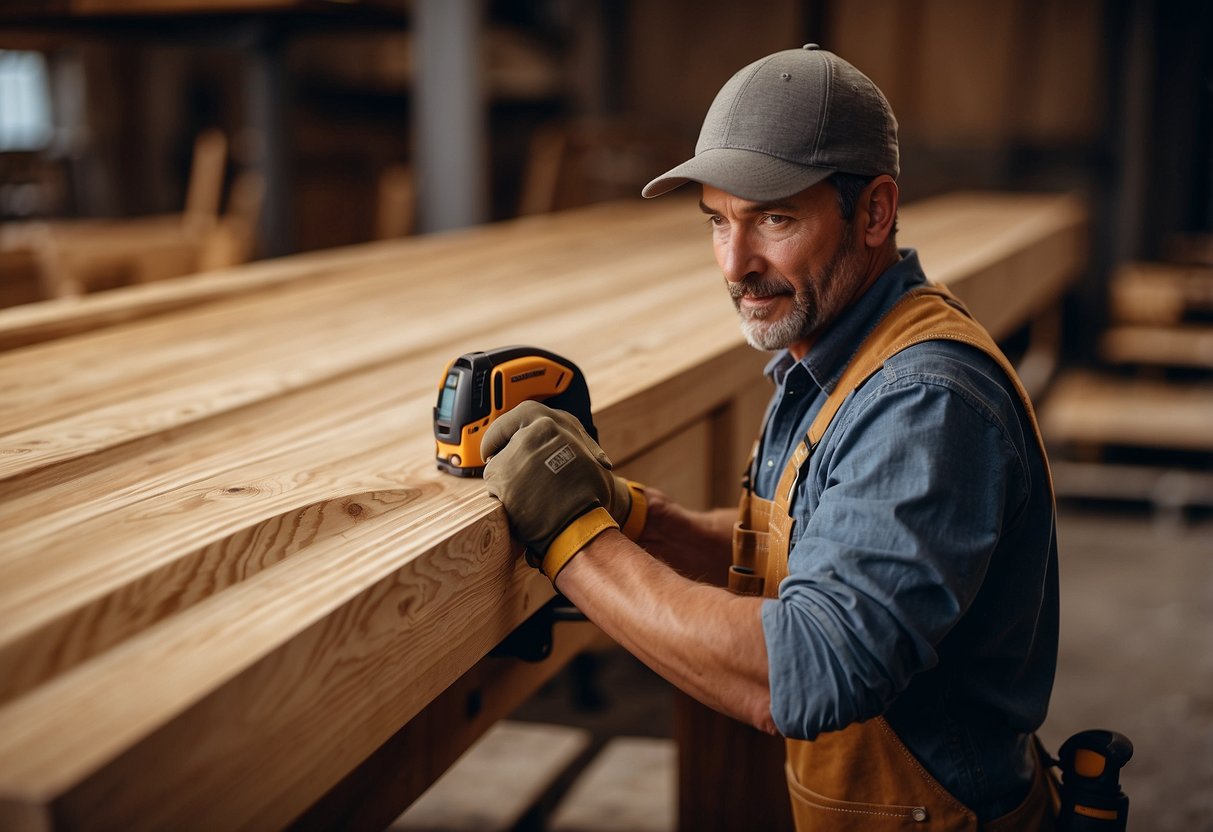 A carpenter carefully selects a sturdy oak plank, examining its grain and texture for building furniture