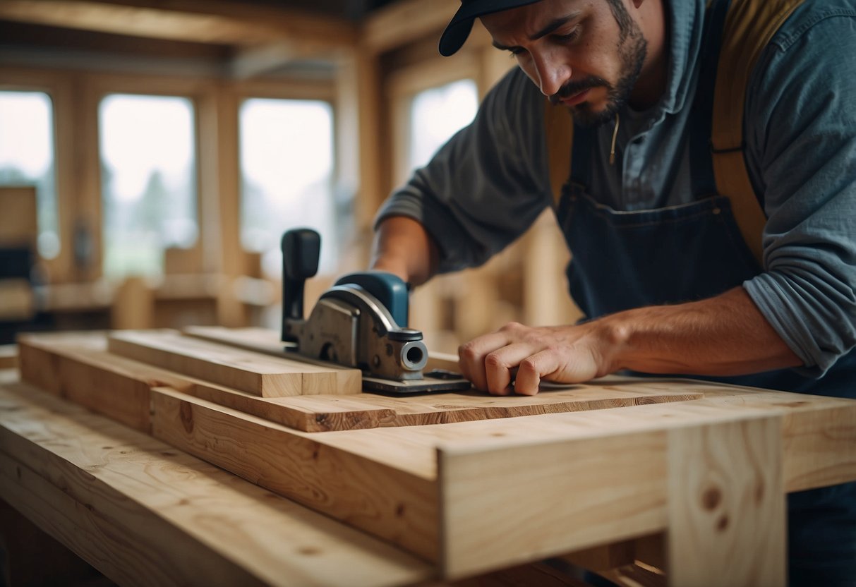 A carpenter cuts, shapes, and assembles wood for furniture, using various tools and techniques