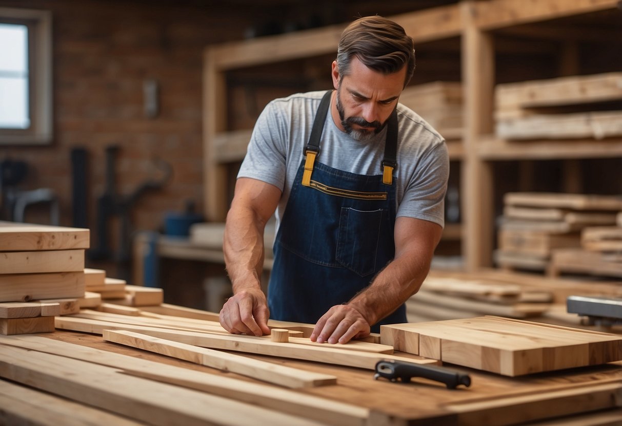 A carpenter selecting various types of wood from a neatly organized stack, with a measuring tape and tools nearby