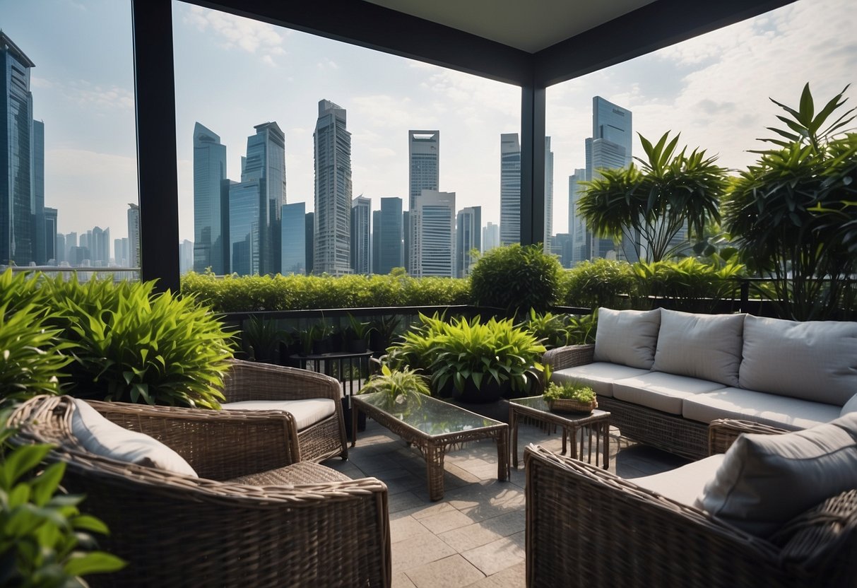 A cozy outdoor patio with wicker furniture in Singapore. Green plants and a city skyline in the background