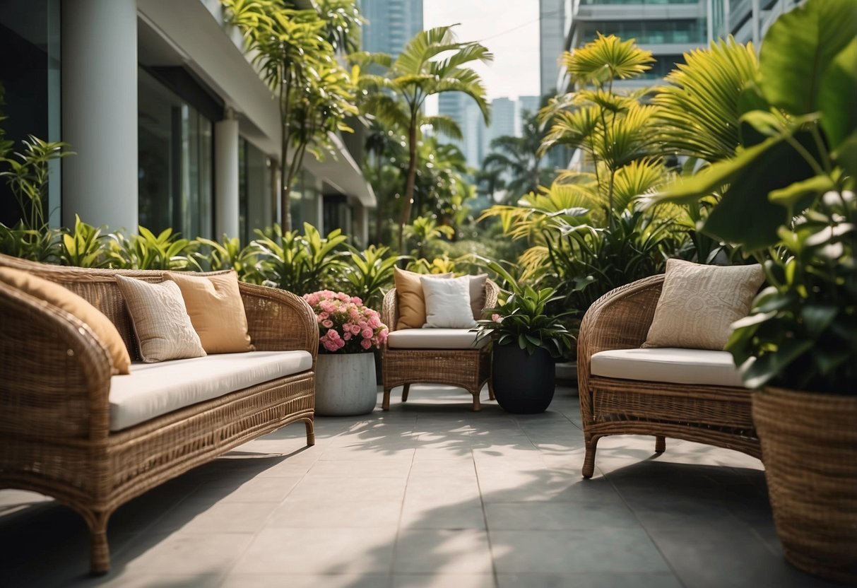 A sunny outdoor patio in Singapore, adorned with elegant wicker furniture, surrounded by lush greenery and vibrant flowers