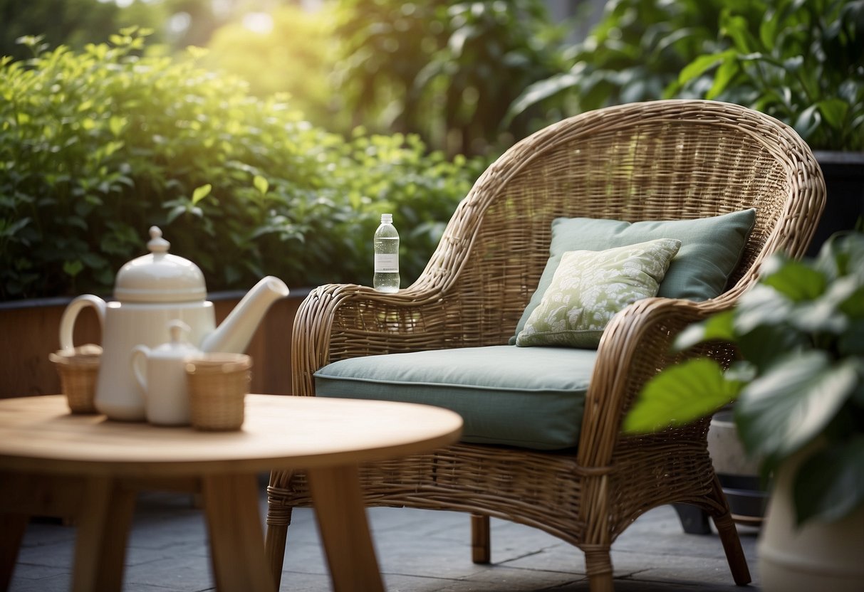 A wicker furniture set sits on a sunny patio, surrounded by lush green plants. A small table holds a watering can and a bottle of furniture polish