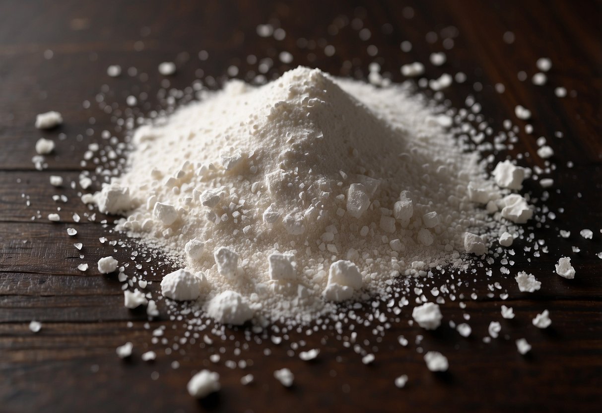 A close-up of white powder scattered on a dark wood surface, with visible grain and texture