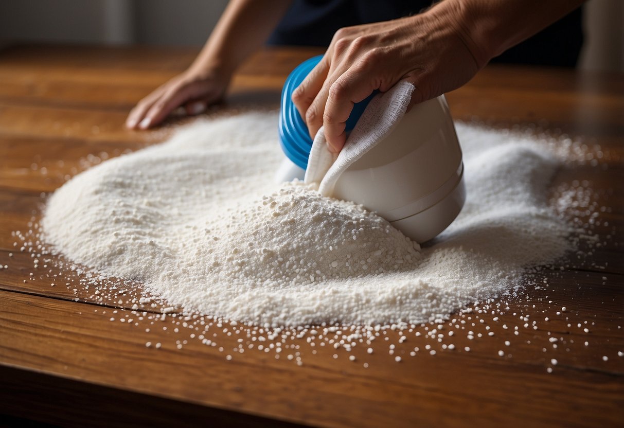 White powder sprinkled on wood furniture, with a person using a cloth to wipe it clean