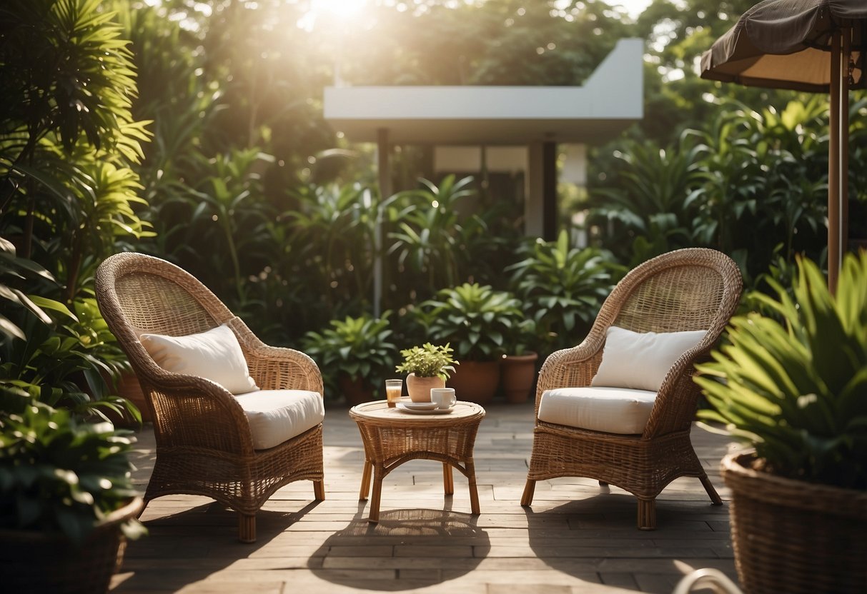 A cozy outdoor setting with wicker furniture, surrounded by lush greenery and warm sunlight, with a sign reading "Frequently Asked Questions wicker furniture singapore"