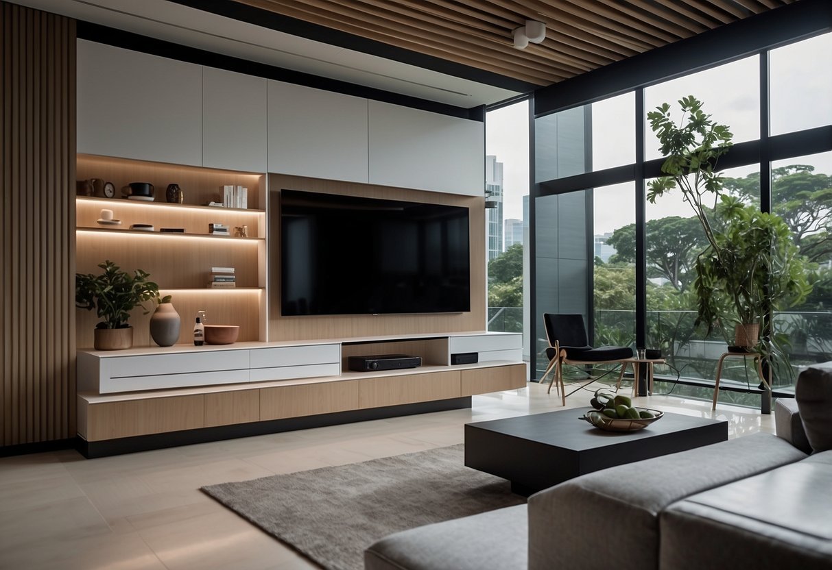 A modern living room with sleek modular furniture in Singapore. Clean lines and minimalistic design create a stylish and functional space