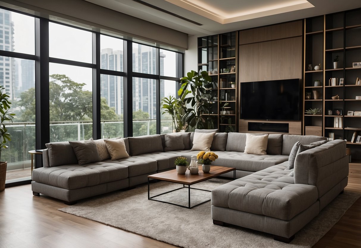 A spacious living room with a variety of modular sofas arranged in different configurations, showcasing the versatility of modular furniture in Singapore