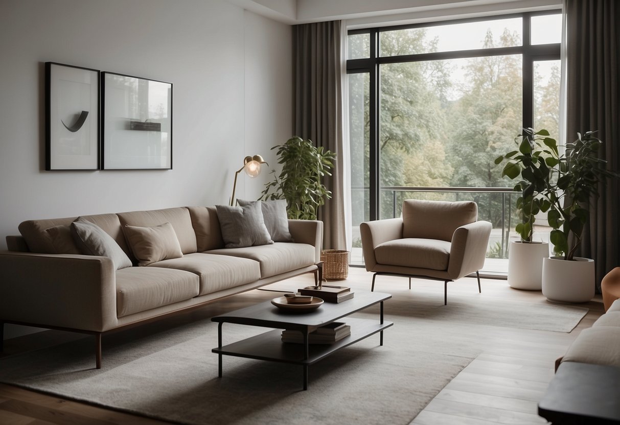 A modern, minimalist living room with sleek, modular furniture arranged in a functional and stylish manner. The space is well-lit with natural light, creating a warm and inviting atmosphere