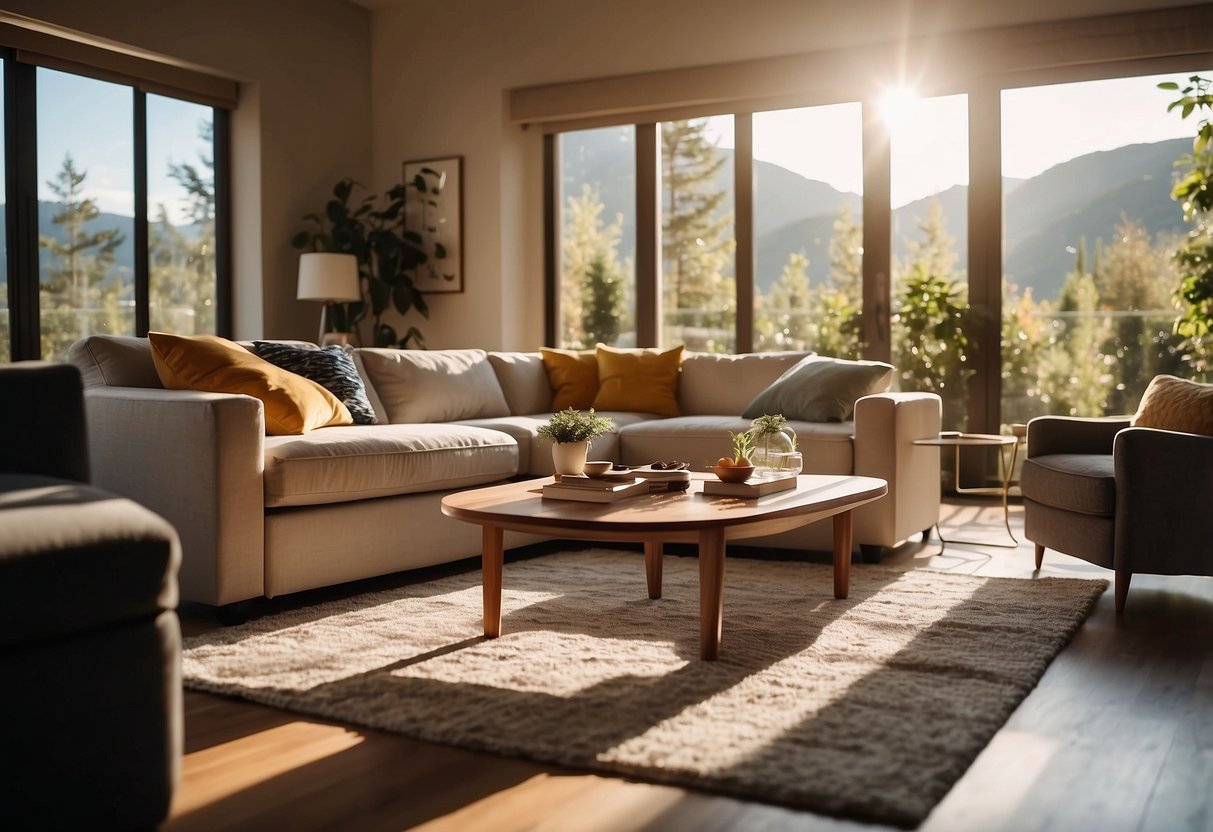 A cozy living room with a modern sofa, coffee table, and soft rug. Sunlight streams through the window, casting warm shadows on the floor
