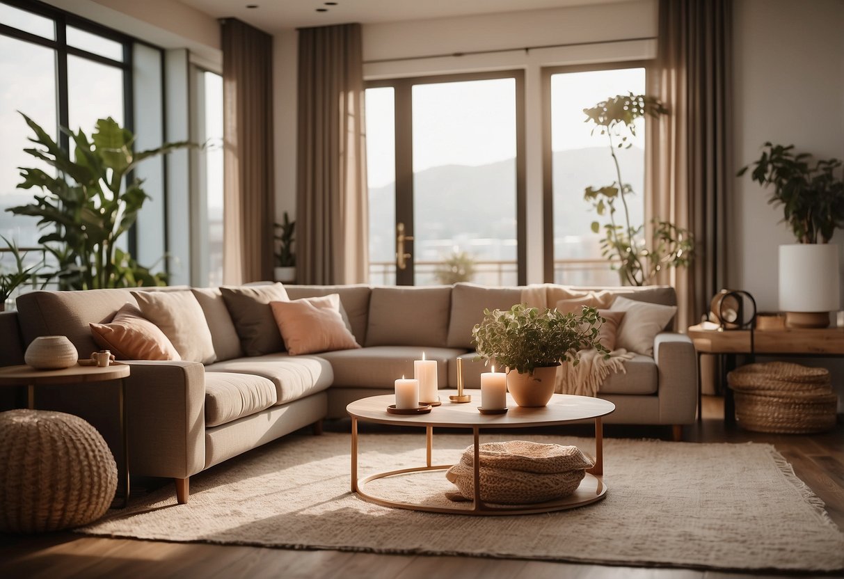 A cozy living room with modern Y Hope furniture, soft lighting, and a warm color palette