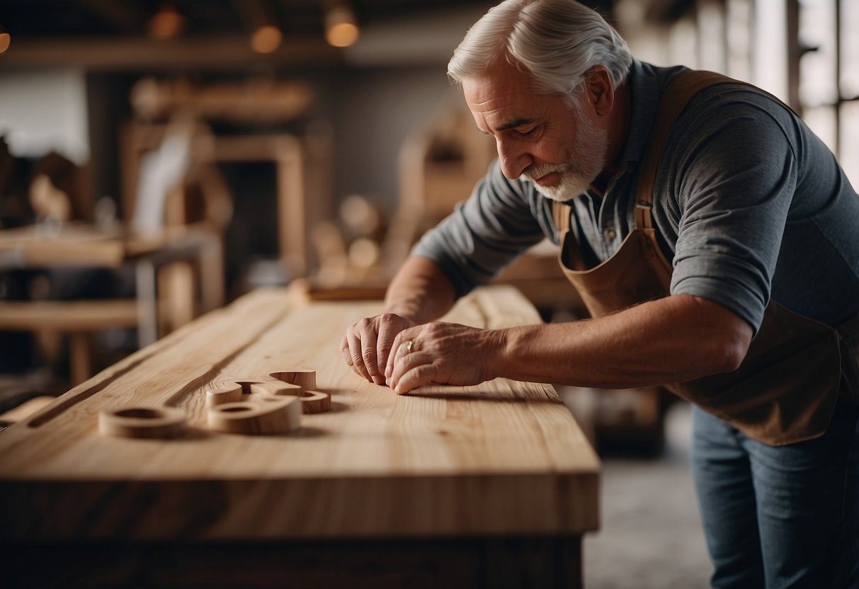 A skilled artisan carefully selects and shapes rich, natural wood into elegant furniture, showcasing meticulous craftsmanship and quality materials