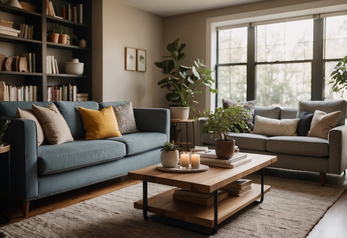 A cozy living room with a modern sofa, coffee table, and bookshelf. A sign with "Frequently Asked Questions" hangs on the wall above the furniture