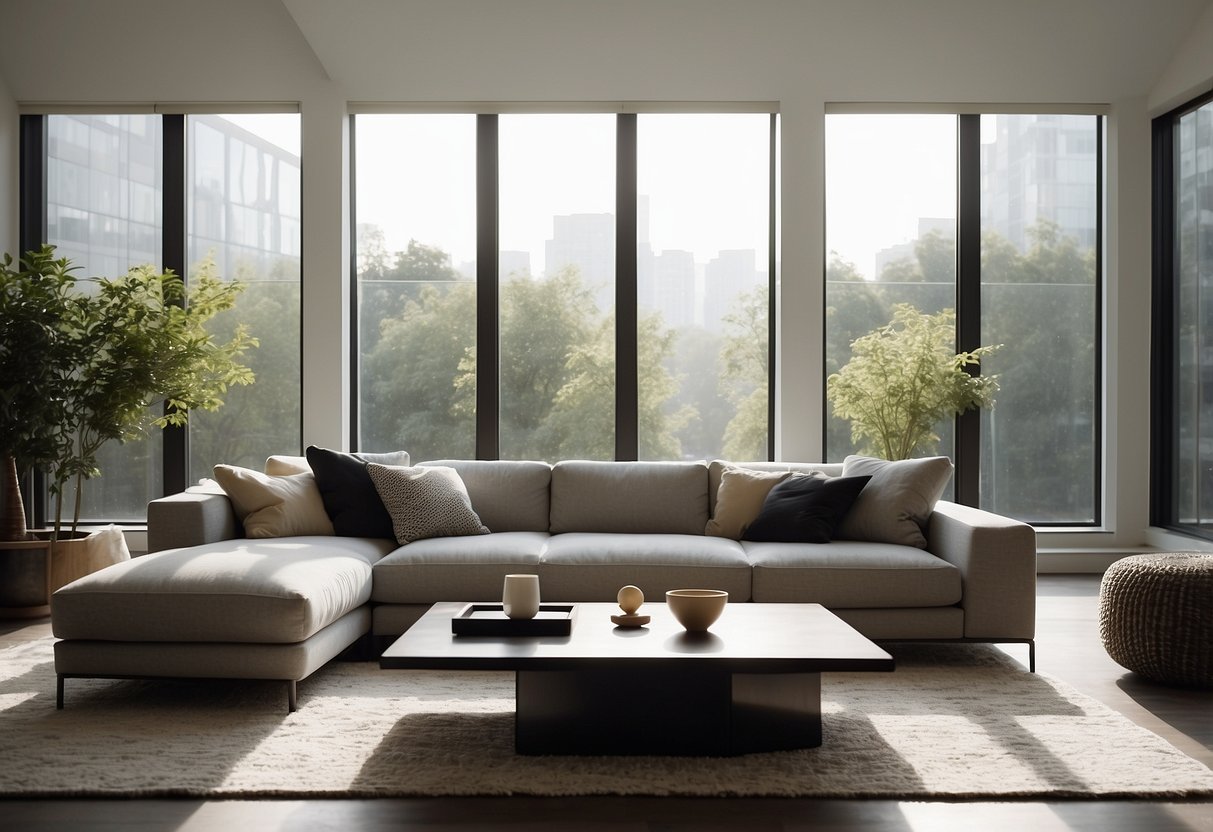 A modern living room with a sleek sofa, coffee table, and floor lamp. The room is bathed in natural light from large windows, with a minimalist aesthetic and clean lines