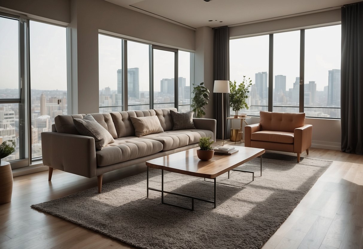 A room with modern furniture, including a sleek sofa, coffee table, and floor lamp. The space is well-lit with natural light streaming in from large windows, creating a warm and inviting atmosphere