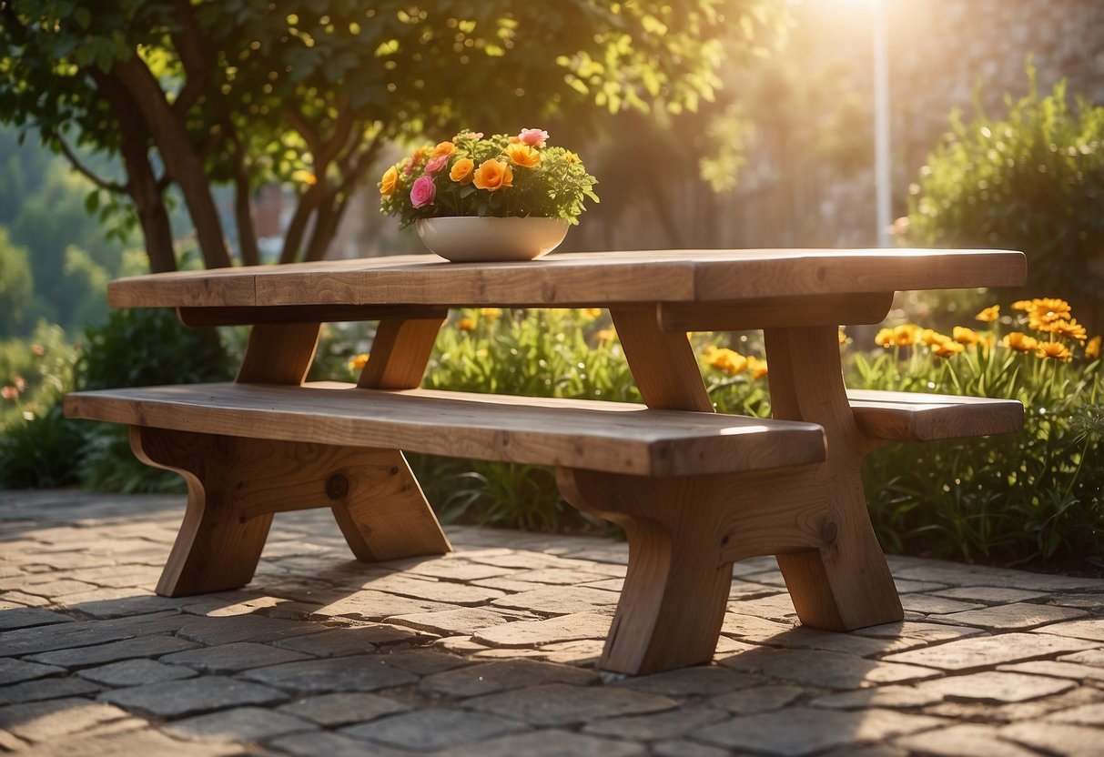A wooden bench and table sit on a stone patio, surrounded by lush greenery and colorful flowers. The sun casts a warm glow on the smooth, polished surface of the furniture