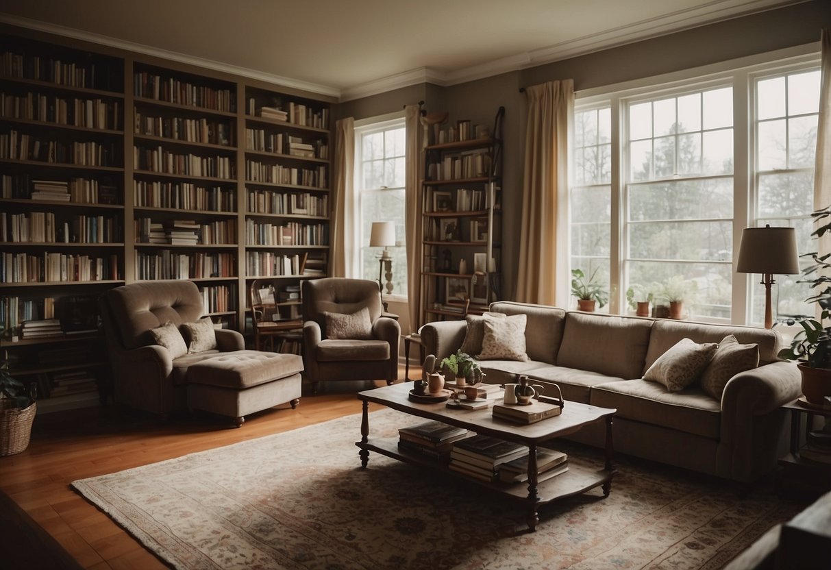 A cozy living room with a plush sofa, coffee table, and floor lamp. A bookshelf filled with books and decorative items. A rug and curtains complete the scene
