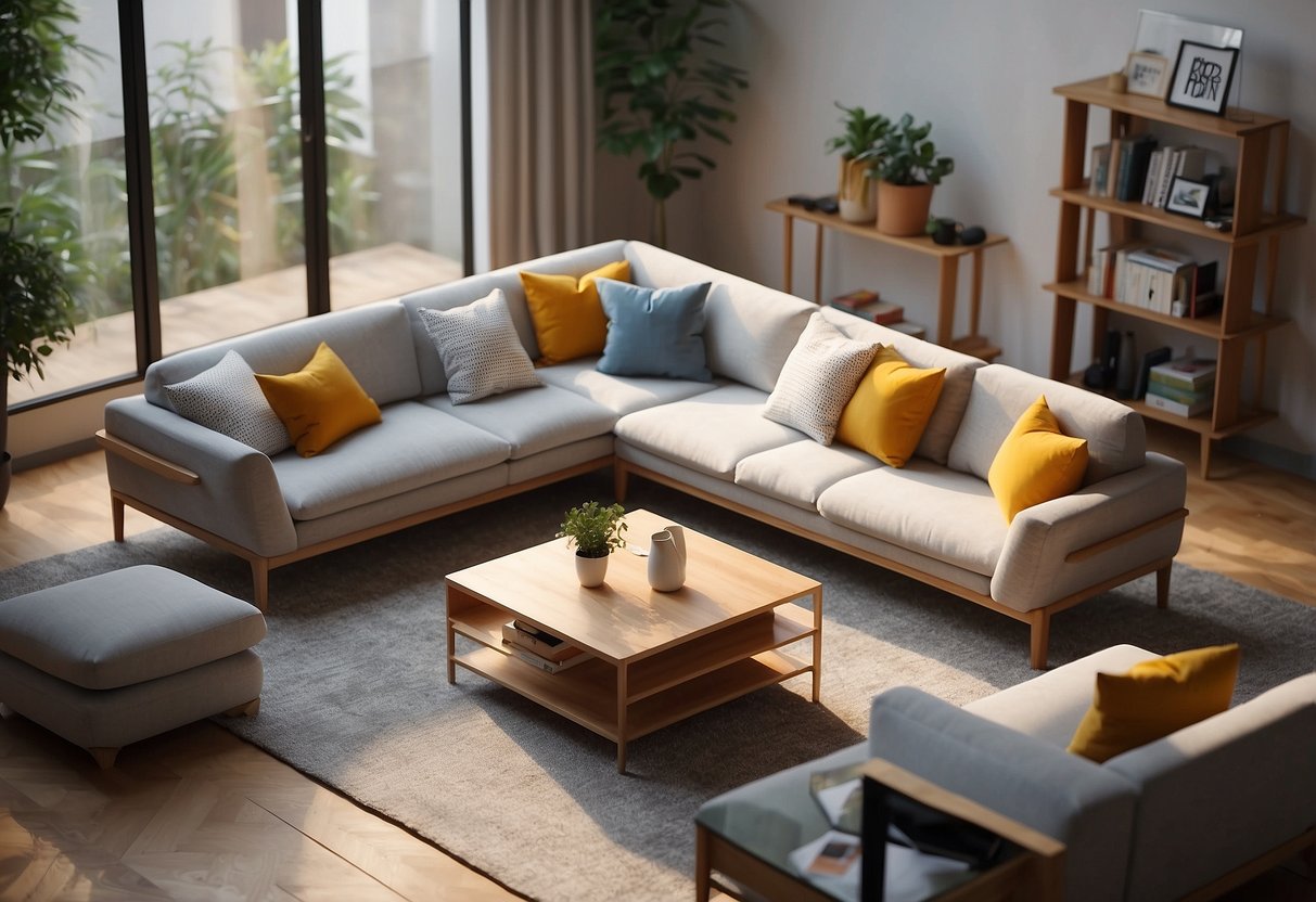 A 3D model of a modern living room with various furniture pieces, including a sofa, coffee table, and bookshelf, arranged in a spacious and well-lit environment