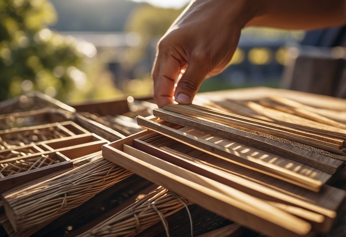 A person carefully selects between wood, metal, and wicker samples for outdoor furniture. The sun shines on the materials, highlighting their texture and durability
