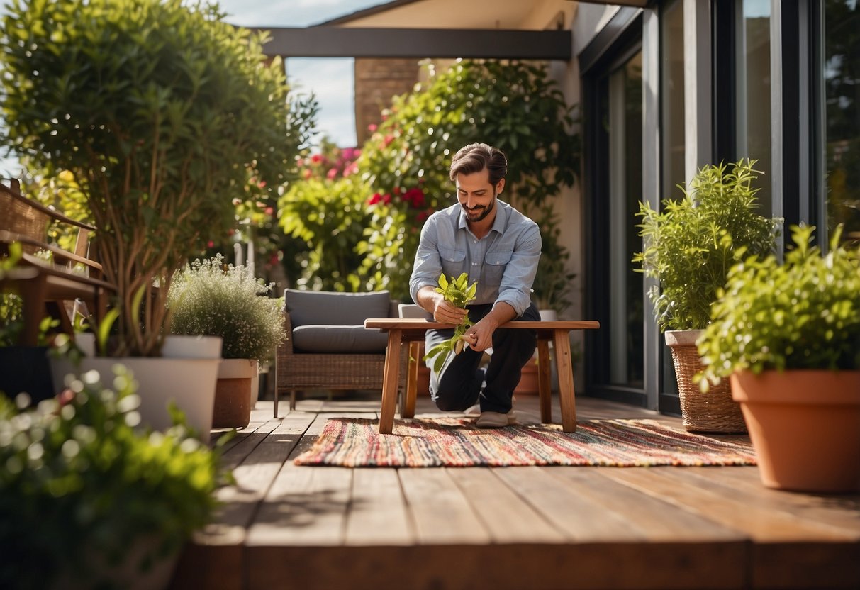 A person wiping down a wooden table and chairs on a sunny patio, surrounded by potted plants and a colorful outdoor rug