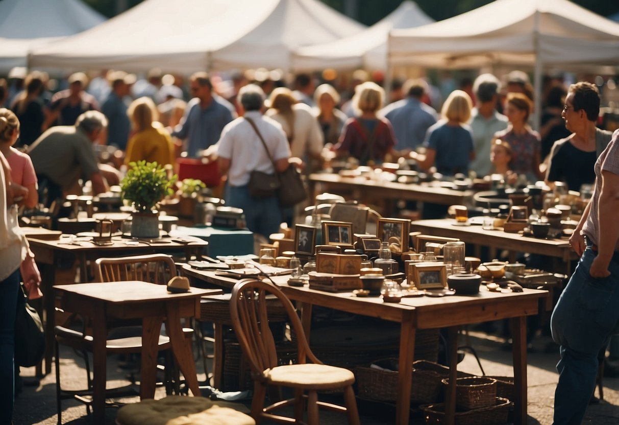 A bustling flea market with rows of tables displaying various second-hand furniture items. Shoppers browse through the eclectic selection, while sellers negotiate prices and showcase their merchandise