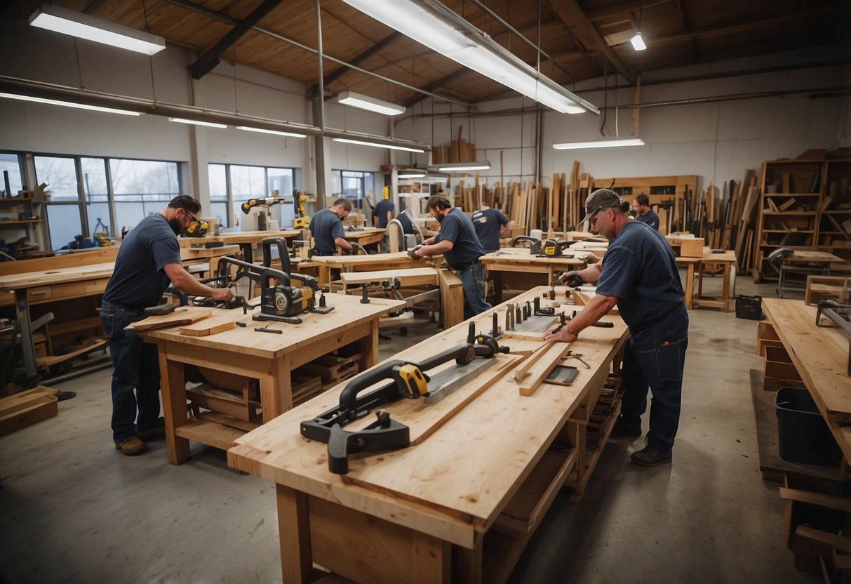 A bustling workshop with saws buzzing and hammers clinking as workers craft modern furniture. Materials and tools are neatly organized, with the Dwell Furniture logo prominently displayed