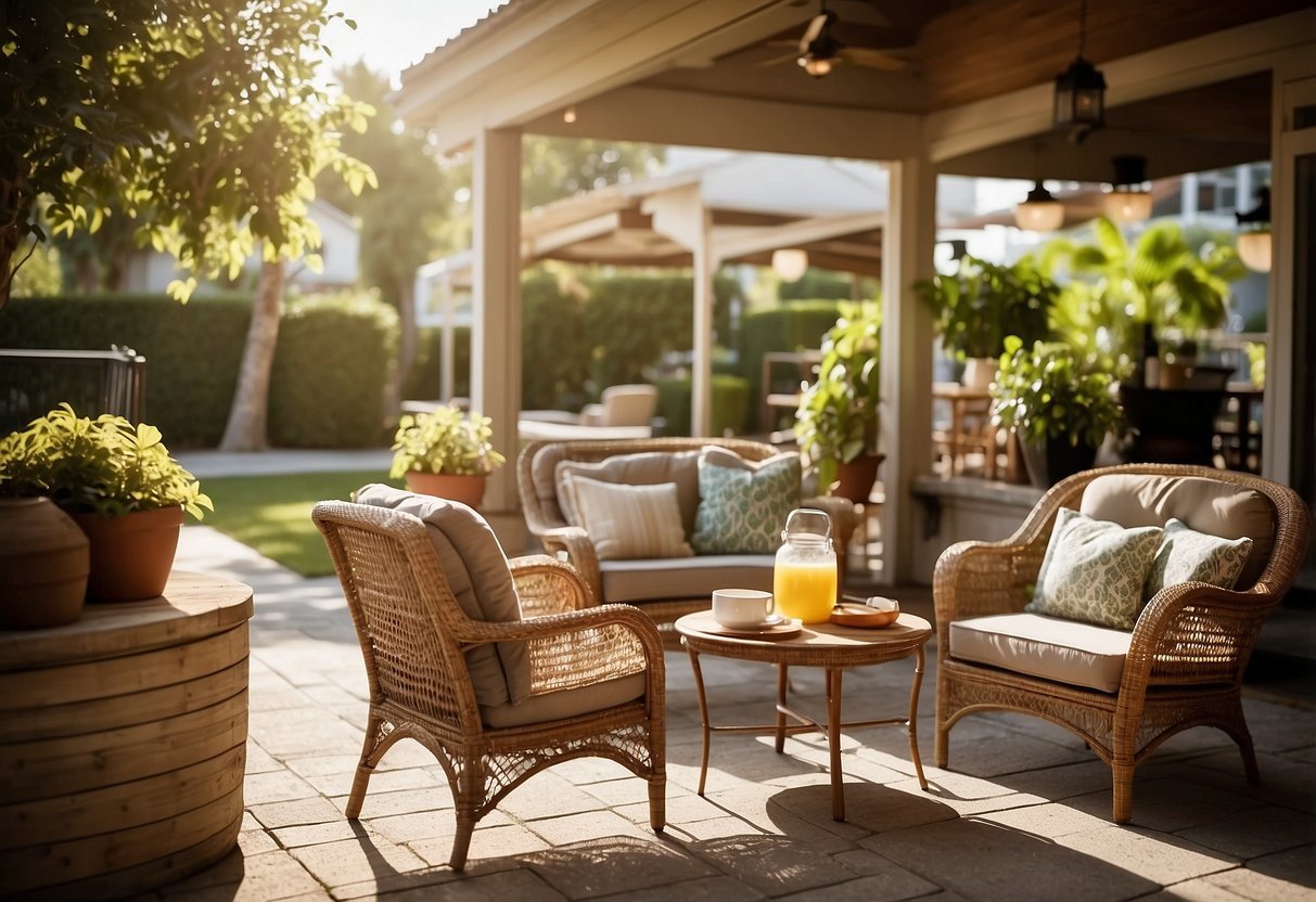 A sunny patio with a variety of outdoor furniture materials displayed, including wicker, metal, and wood, with a sign reading "Frequently Asked Questions" prominently displayed