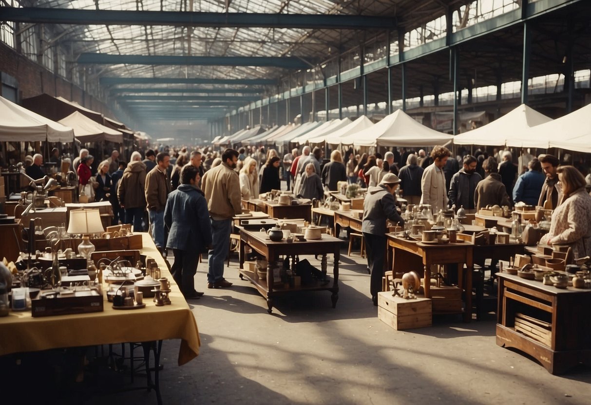 A bustling flea market with rows of tables displaying various second-hand furniture pieces, with shoppers browsing and haggling with sellers