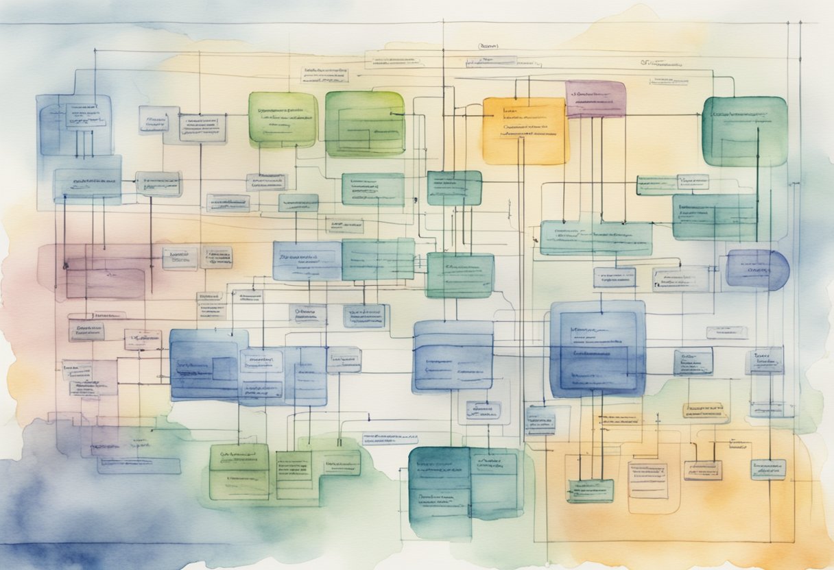 A clear chart showing departments and their roles in a company, with lines connecting them to show communication and coordination