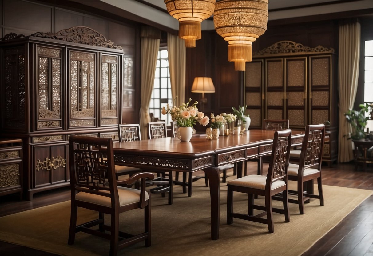A room filled with elegant Chinese furniture, featuring intricately carved wooden chairs, tables, and cabinets, adorned with traditional motifs and lacquered finishes