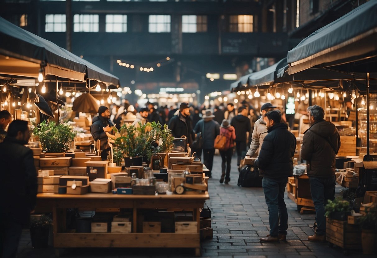 A bustling marketplace with various vendors selling second-hand furniture, customers browsing and asking questions, signs indicating "Frequently Asked Questions" area