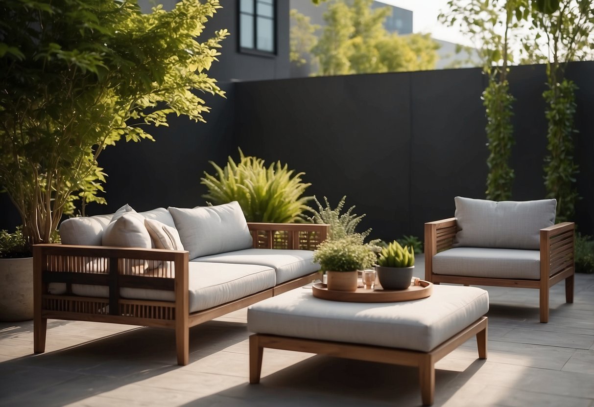 A modern outdoor furniture set displayed in a spacious, sunlit showroom with greenery and natural elements