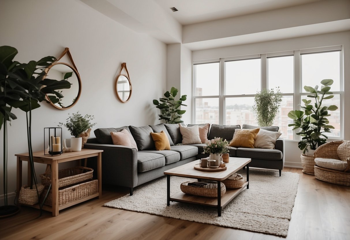 A cozy living room with affordable, high-quality furniture. A comfortable sofa, stylish coffee table, and decorative shelves create a welcoming space