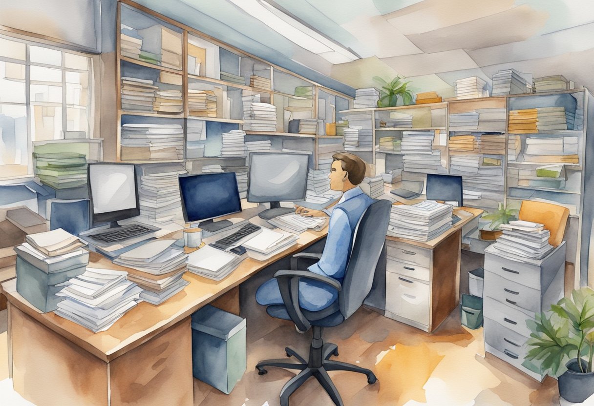 A cluttered office with multiple layers of management, causing delays and inefficiencies. Departments are isolated, hindering communication and collaboration