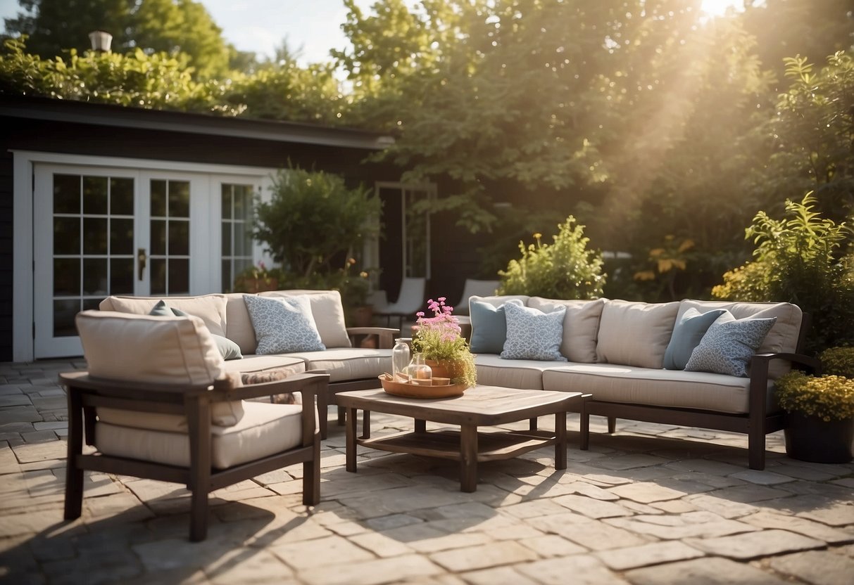 A sunny patio with a cozy outdoor furniture set, featuring durable and weather-resistant materials. Instructions for care and maintenance are displayed nearby