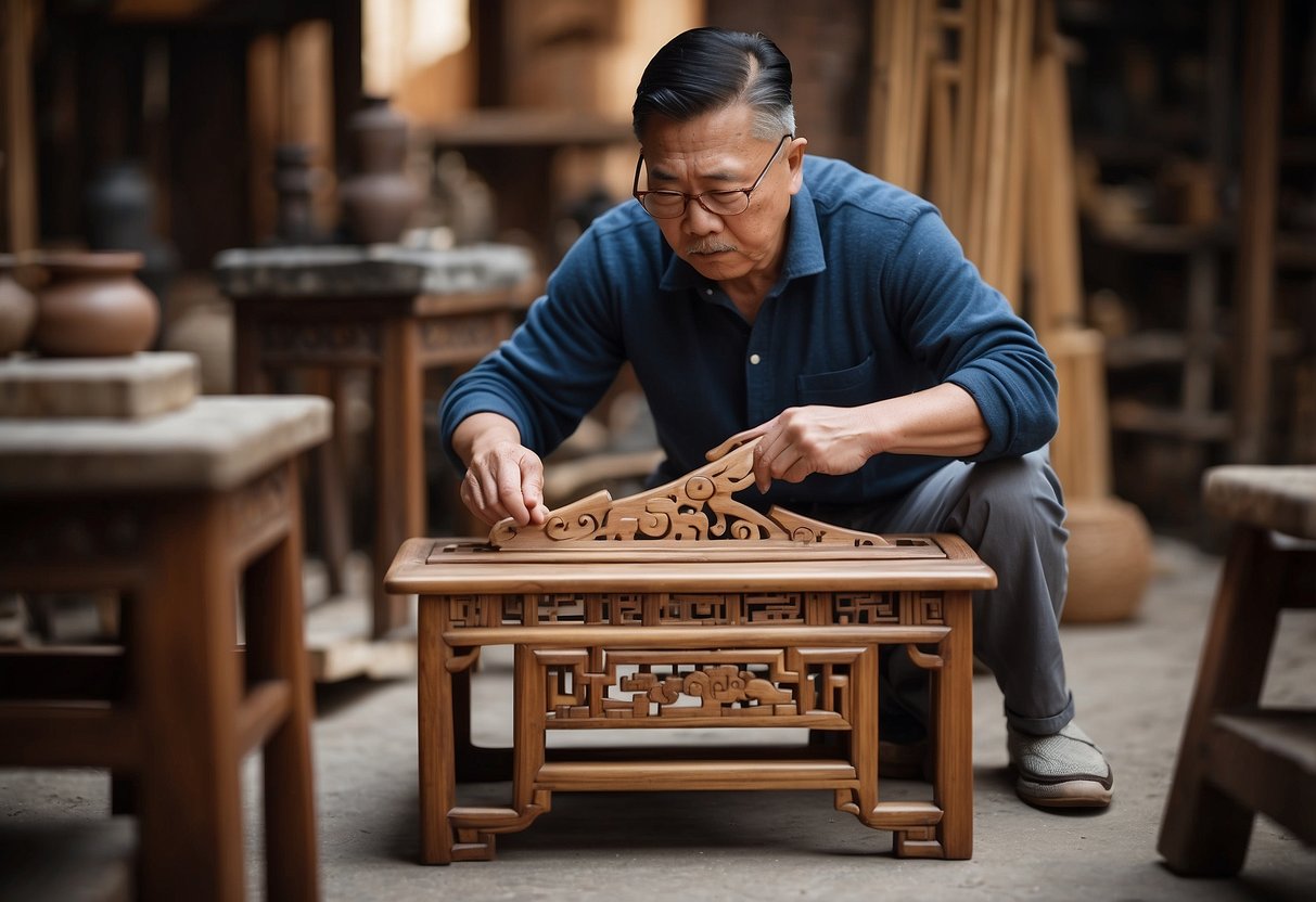 A master craftsman carves intricate details into a traditional Chinese wooden chair, showcasing the exquisite design and craftsmanship of Chinese furniture styles