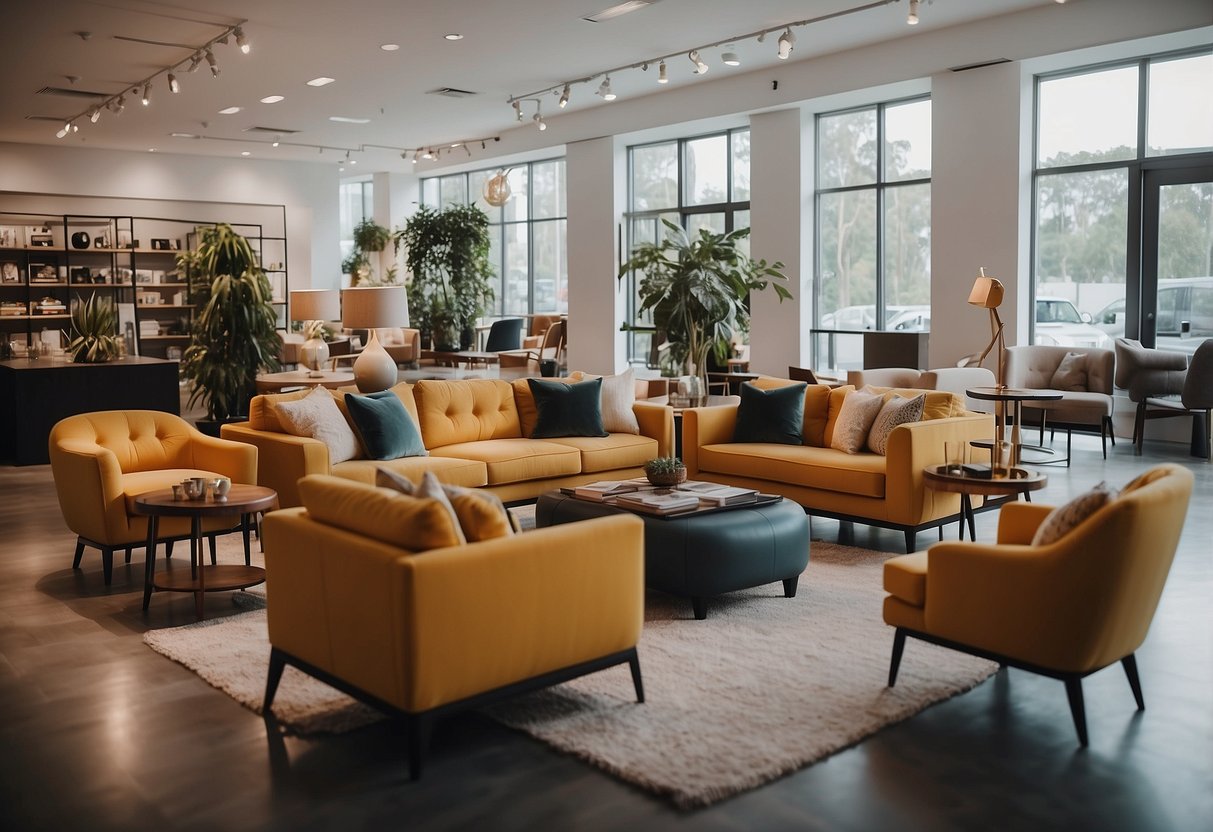 A room filled with modern, affordable furniture. Customers browsing, staff assisting. Bright, clean space with stylish displays
