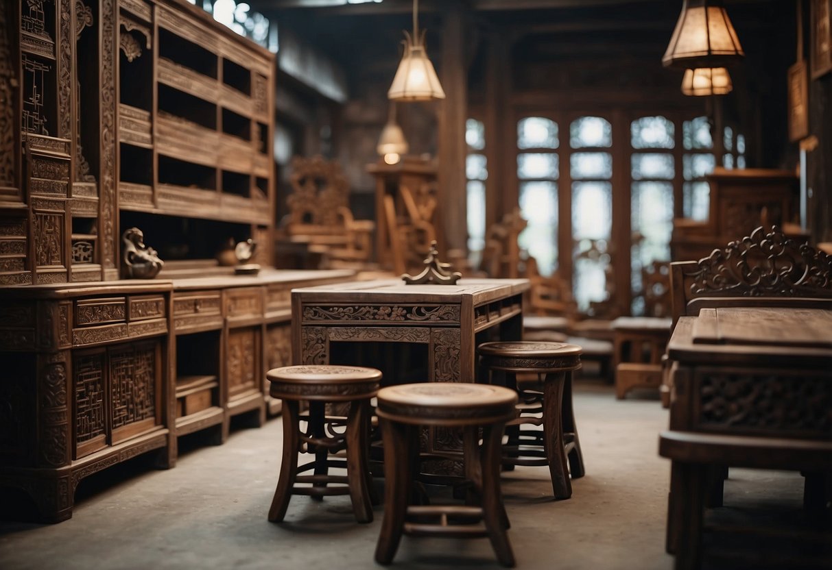 A traditional Chinese furniture workshop with intricate carvings and ornate detailing. Various styles of chairs, tables, and cabinets are displayed