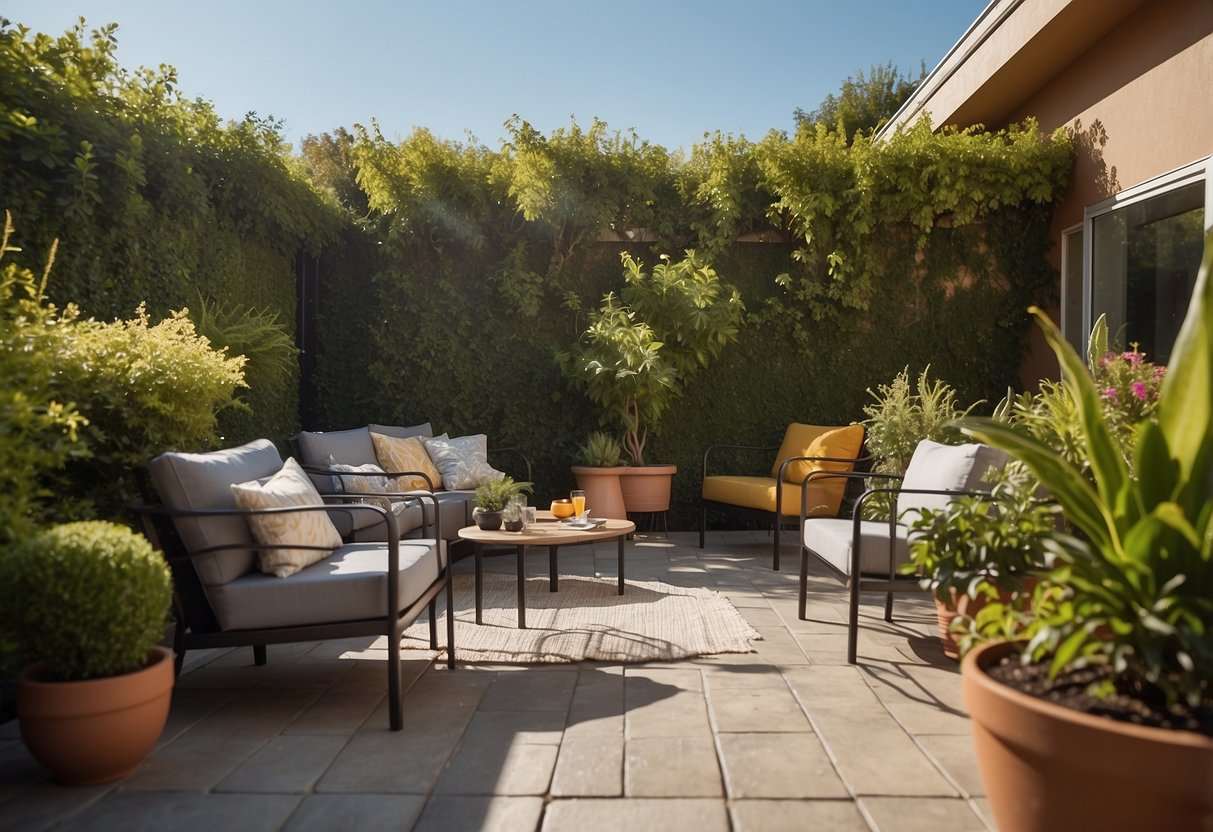 A sunny patio with modern outdoor furniture, surrounded by lush greenery and colorful potted plants. A small table with chairs, and a cozy lounge area