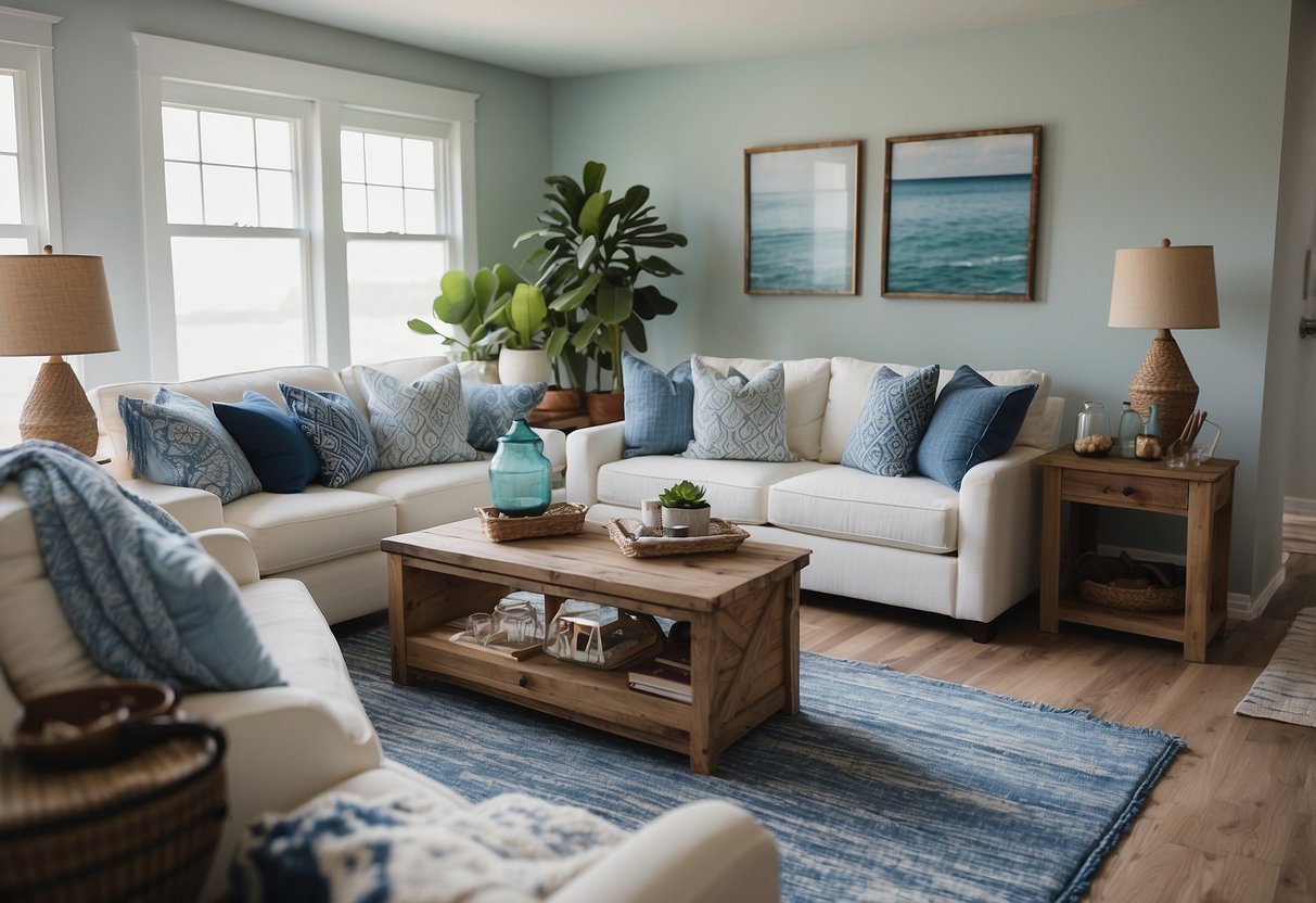 A cozy living room with coastal-inspired furniture, including a weathered wood coffee table, a comfortable white sofa with blue throw pillows, and nautical-themed decor accents